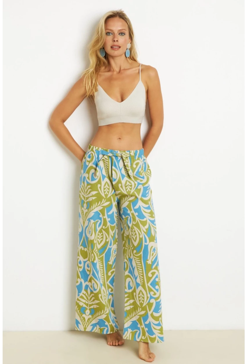 Kadın Yeşil Palozzo Desenli Keten Pantolon K1250