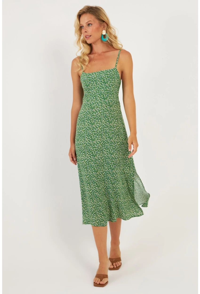 Kadın Yeşil Sırtı Gipeli Desenli Midi Elbise MP427