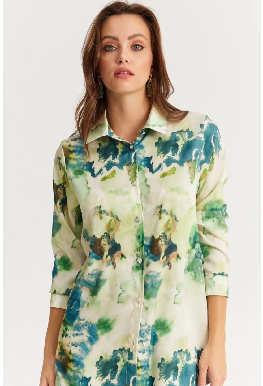 Kadın Yeşil Taş Düğmeli Desenli Gömlek MLVF9