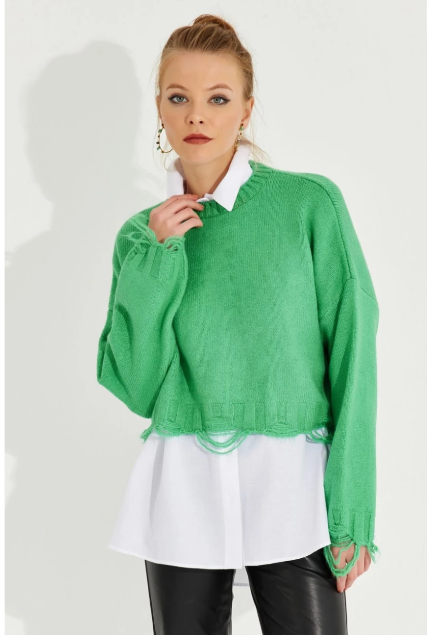 Kadın Yeşil Yırtık Detaylı Triko Kazak KZ2800
