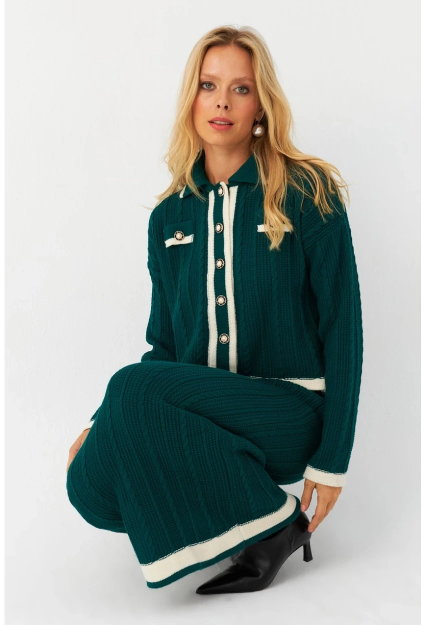 Kadın Zümrüt Yeşil İkili Alt Üst Triko Takım NUV34