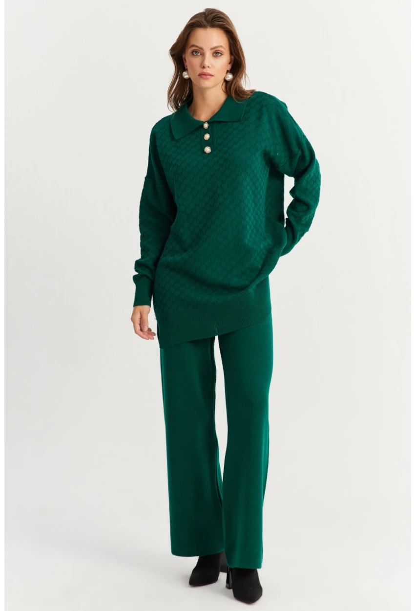 Kadın Zümrüt Yeşil İnci Düğmeli Triko Alt Üst Takım NUV33