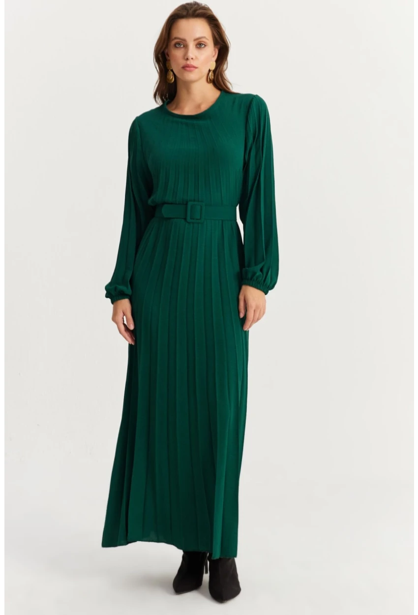 Kadın Zümrüt Yeşil Kemerli Plili Maxi Elbise ALZ500