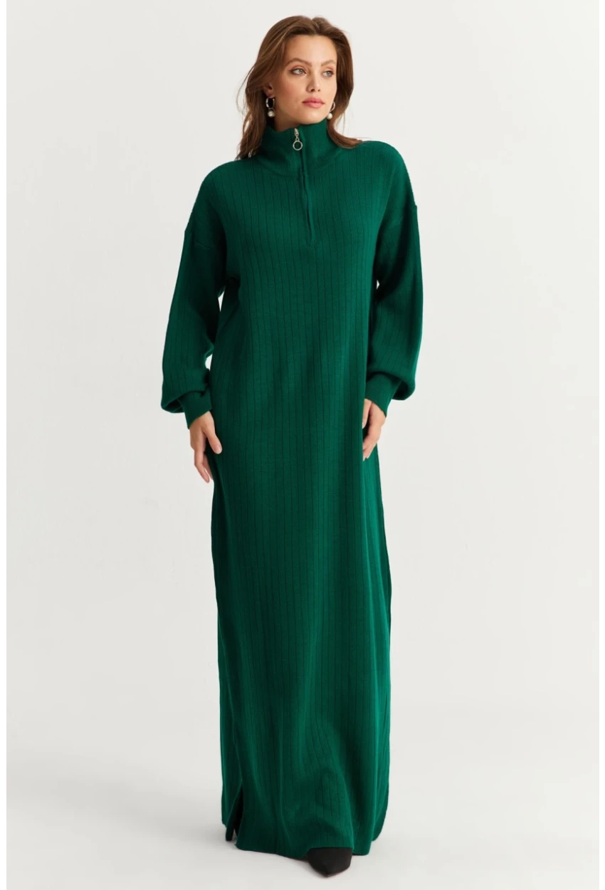 Kadın Zümrüt Yeşil Yakası Fermuarlı Triko Maxi Elbise MNUV10