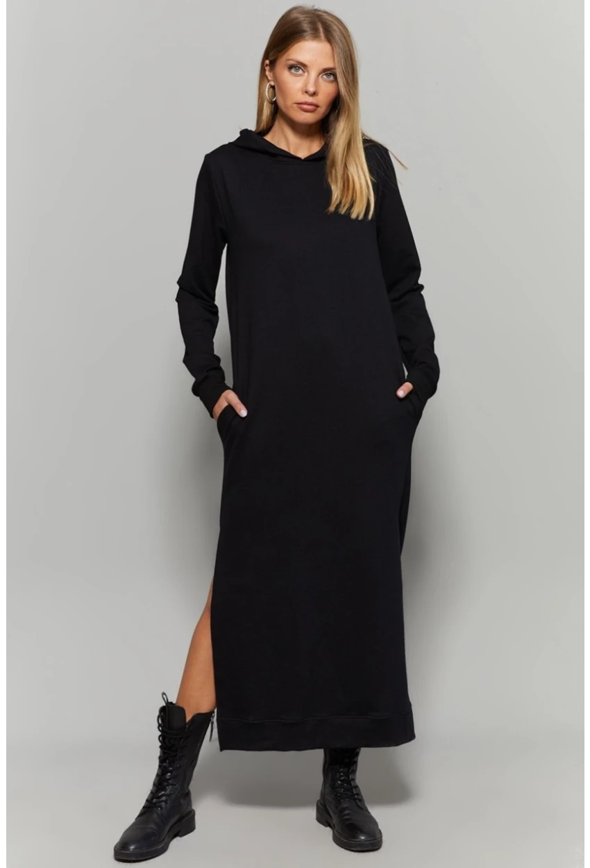 Siyah Çift Yırtmaçlı Kapüşonlu Maxi Elbise MEY1111