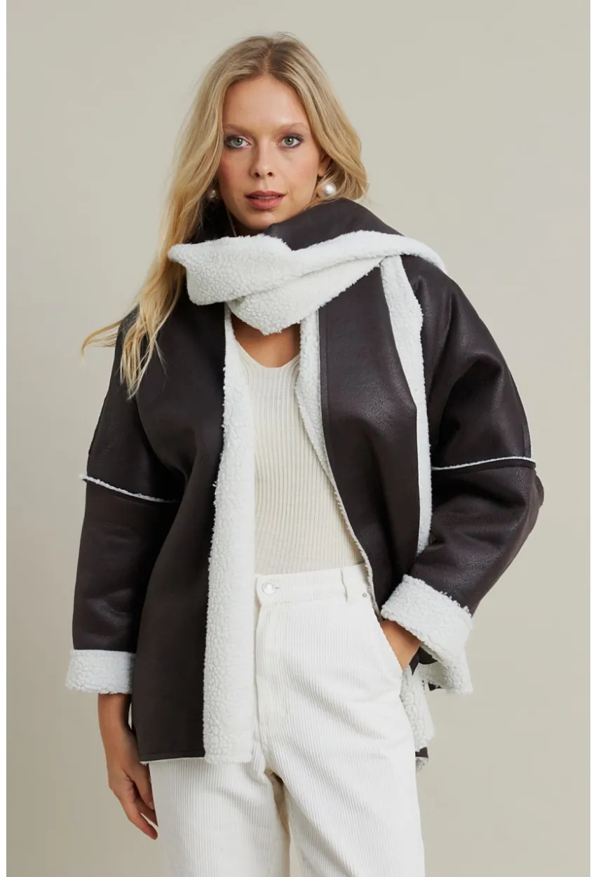 Kadın Acı-Kahve Atkılı İçi Peluş Premium Ceket SE5