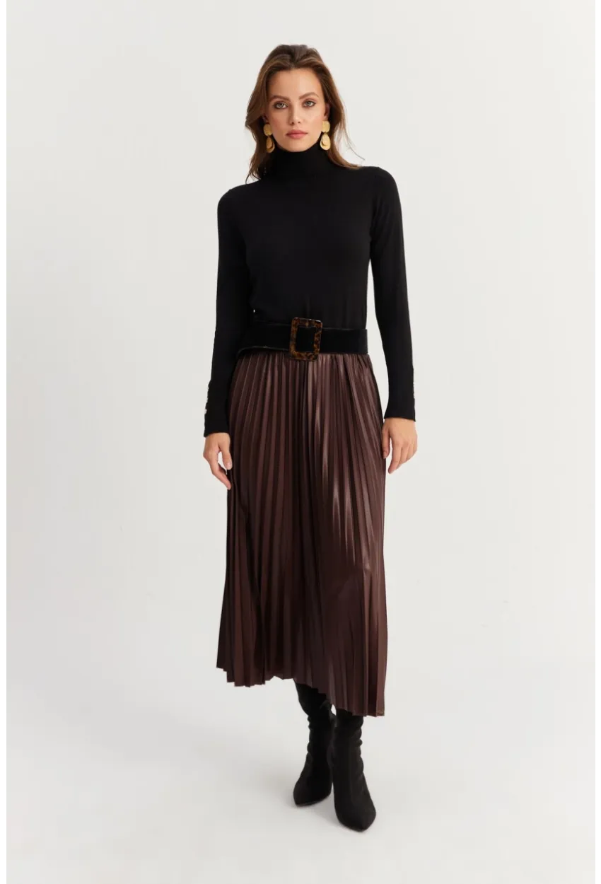 Kadın Acı-Kahve Beli Lastikli Pilise Etek GÇ190