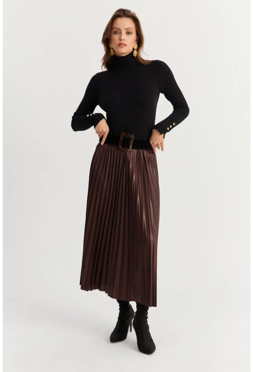 Kadın Acı-Kahve Beli Lastikli Pilise Etek MGÇ190