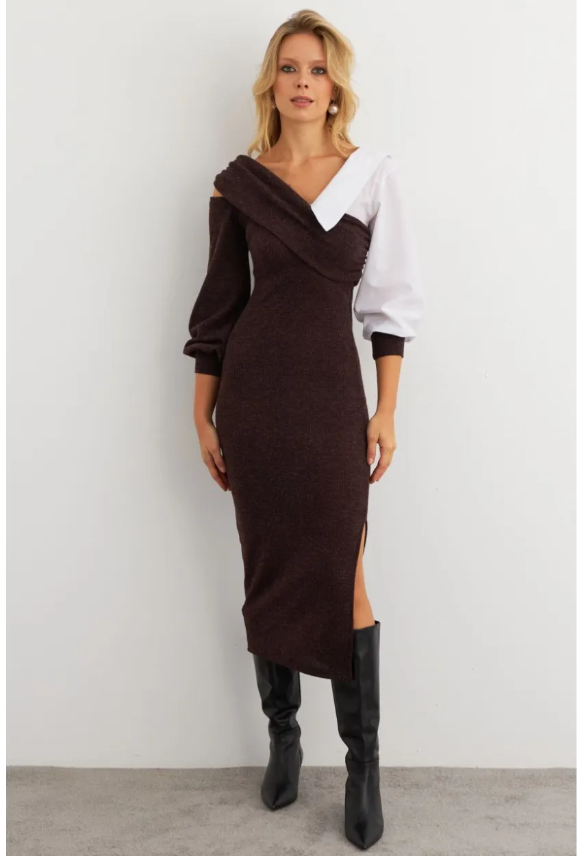 Kadın Acı-Kahve Blok Kumaşlı Asimetrik Yaka Maxi Elbise KED4469