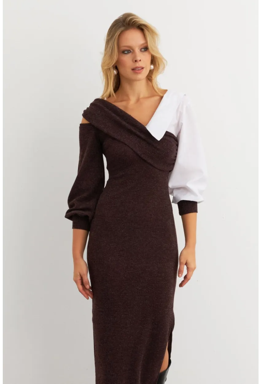 Kadın Acı-Kahve Blok Kumaşlı Asimetrik Yaka Maxi Elbise KED4469