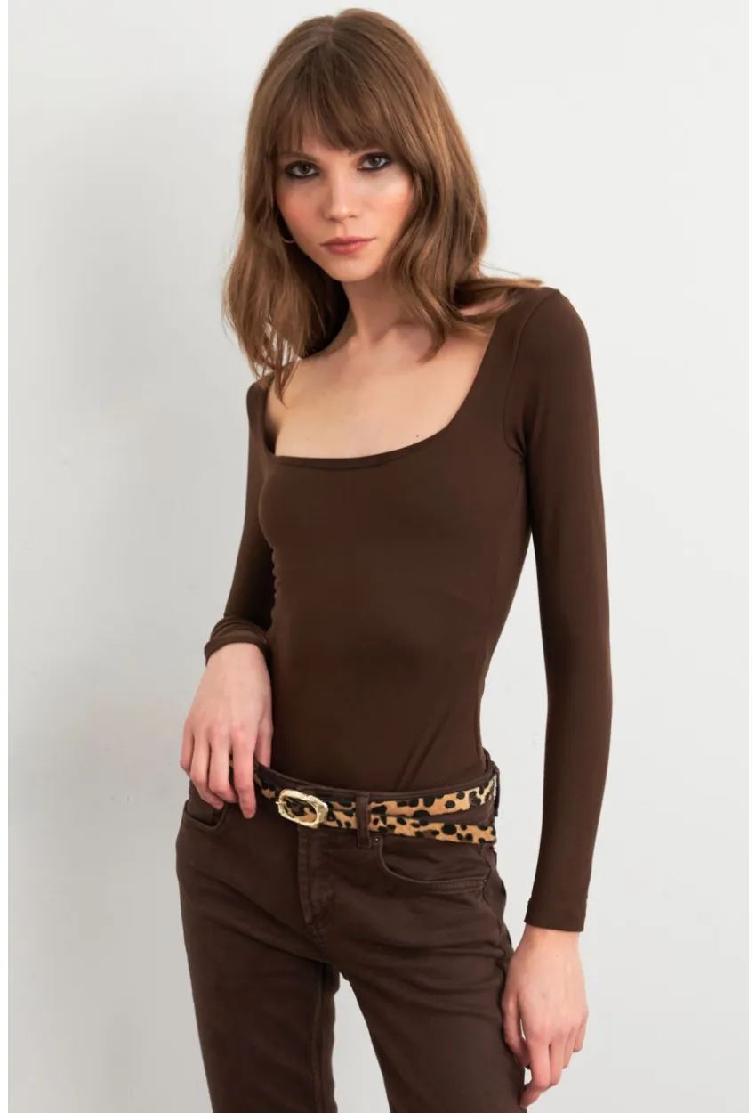 Kadın Acı-Kahve Kayık Yaka Basic Body CY352