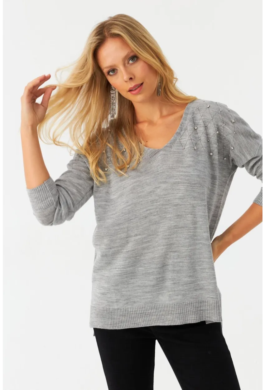 Kadın Açık Gri V Yaka Taşlı İnce Triko Bluz YİL002