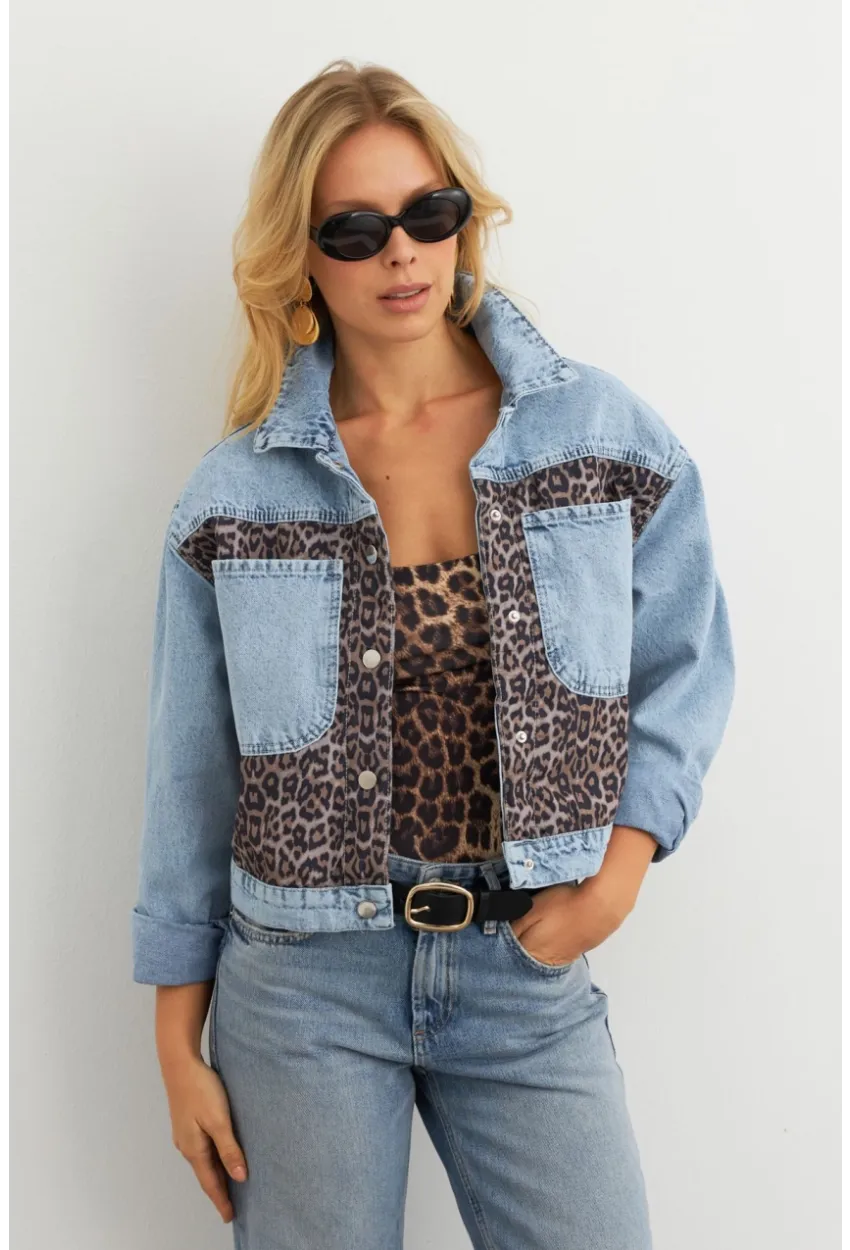 Kadın Açık-Mavi Bloklu Leopar Denim Ceket KAM300