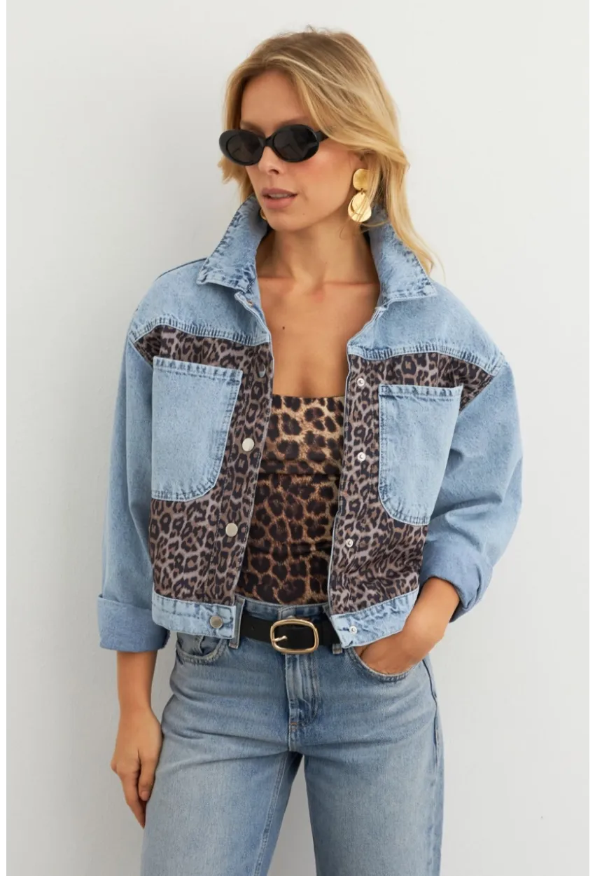 Kadın Açık-Mavi Bloklu Leopar Denim Ceket KAM300