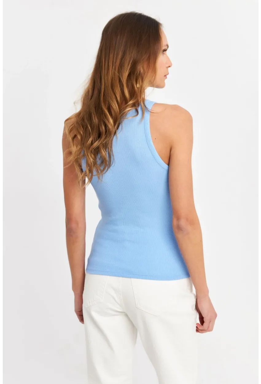 Kadın Açık-Mavi Düğme Detaylı Kolsuz Kaşkorse Bluz TF55