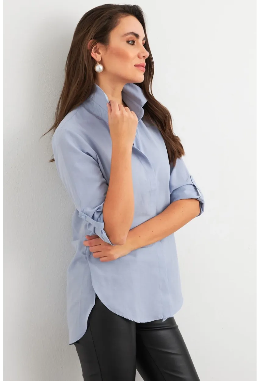 Kadın Açık-Mavi Gizli Düğmeli Uzun Gömlek SF2001