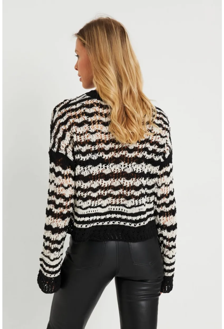 Kadın Ajurlu Triko Bluz Beyaz-Siyah YZ619