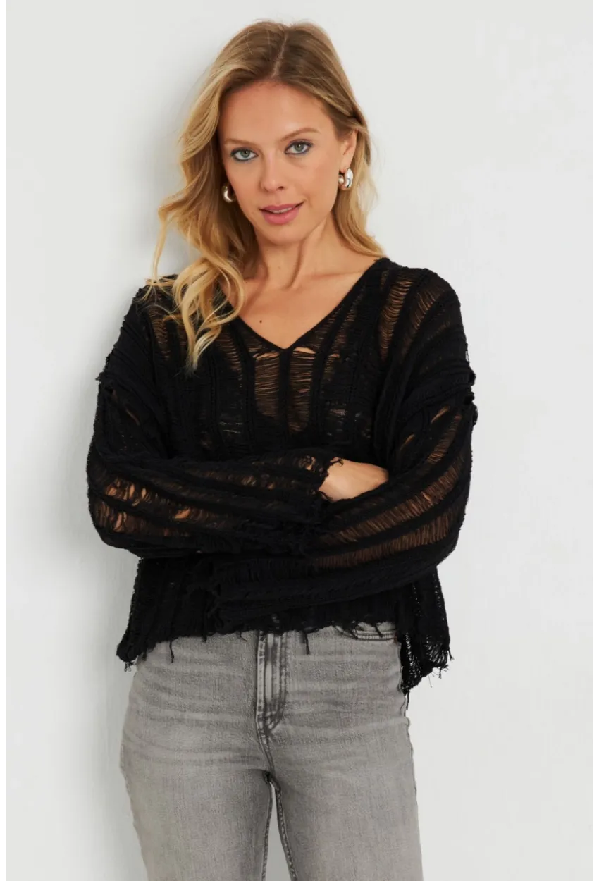 Kadın Ajurlu Triko Bluz Siyah YZ618