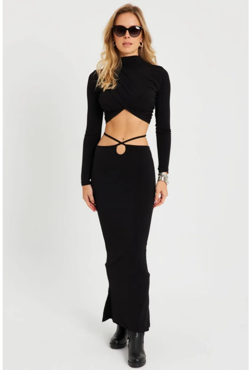 Kadın Alt Üst Büzgülü Crop Takım Siyah YEL86