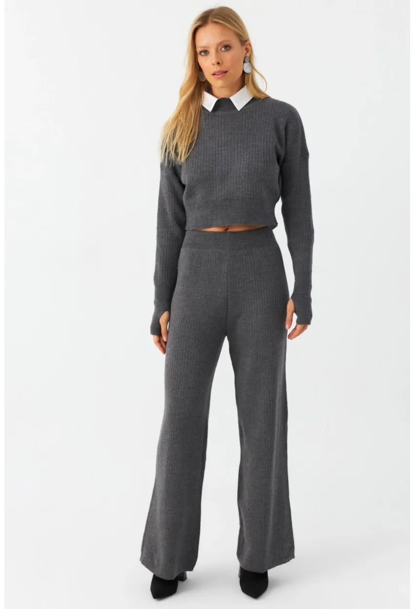 Kadın Antrasit Alt Üst Triko Takım ELT163