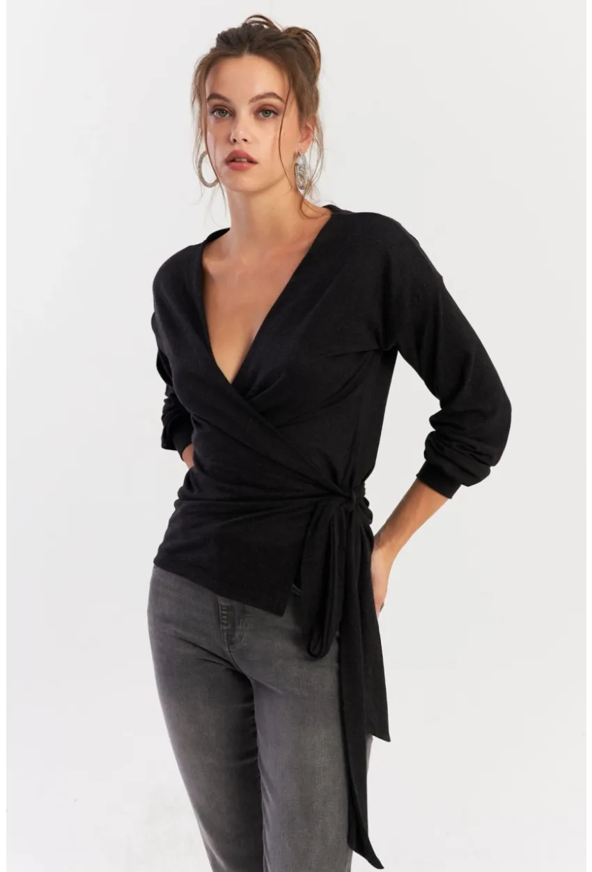 Kadın Antrasit Bağlamalı Kruvaze Bluz EY2933