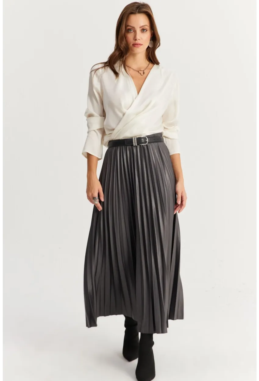 Kadın Antrasit Beli Lastikli Pilise Etek MGÇ190