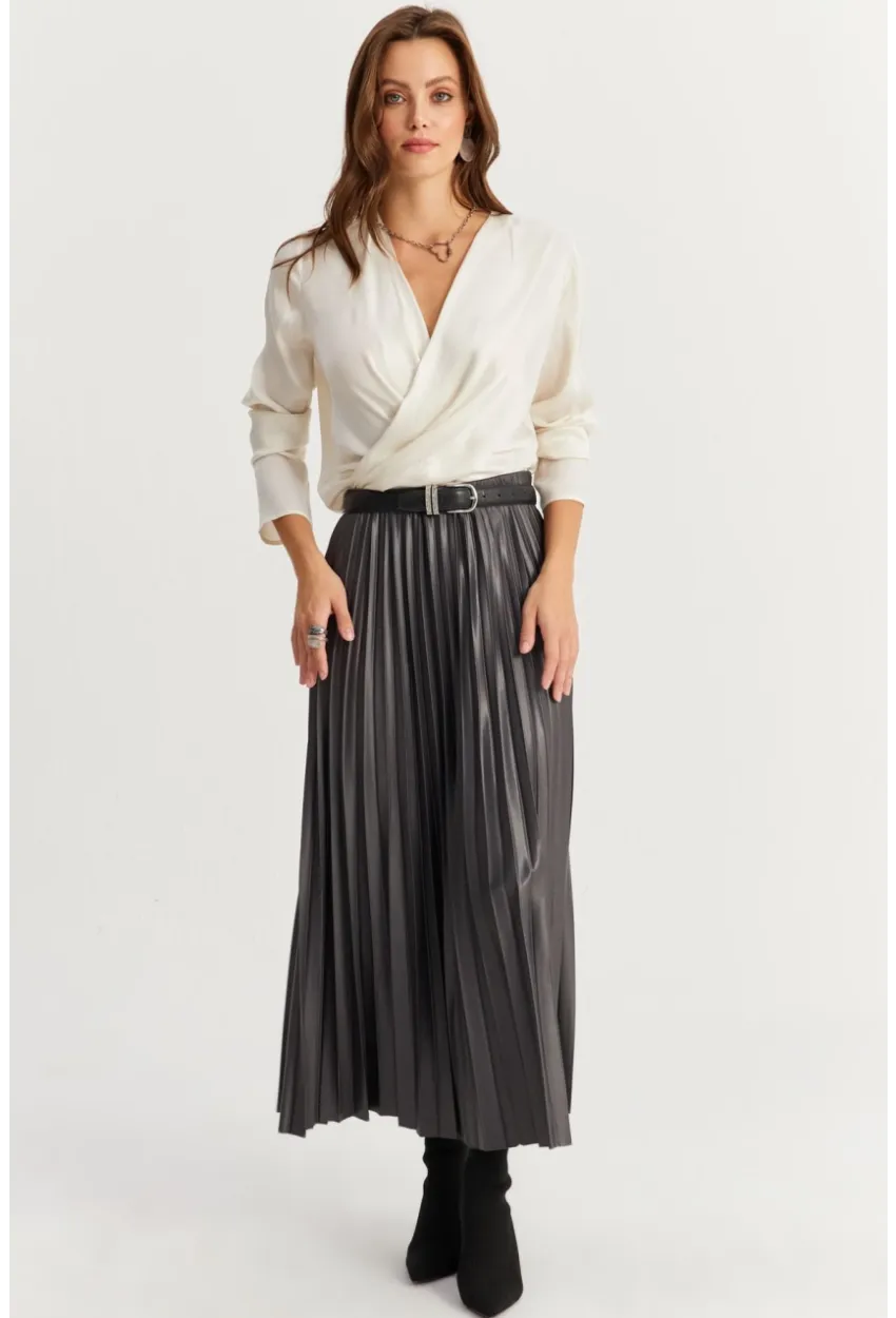 Kadın Antrasit Beli Lastikli Pilise Etek MGÇ190