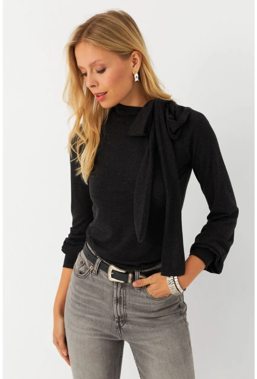 Kadın Antrasıt Boyun Bağlamalı Bluz MEY2993
