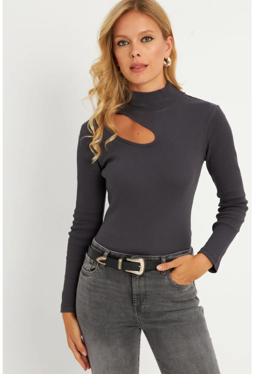 Kadın Antrasit Çapraz Yaka Yarım Balıkçı Bluz B1404