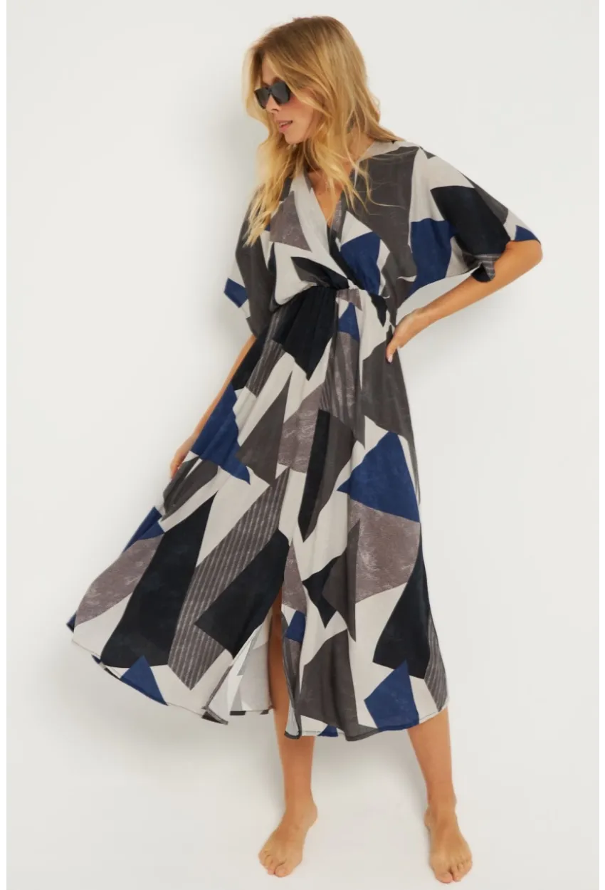Kadın Antrasit Desenli Kruvaze Midi Elbise HT108