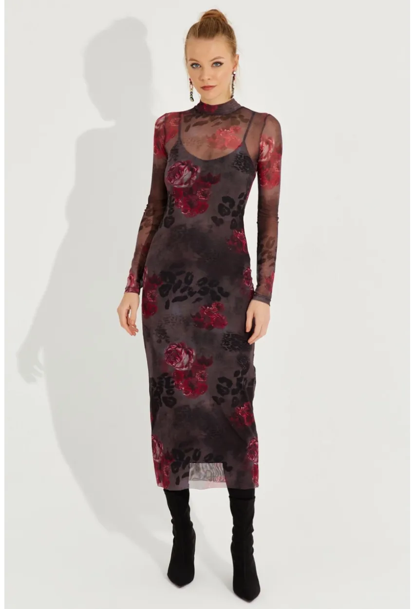 Kadın Antrasit Desenli Midi Tül Elbise YEL221355