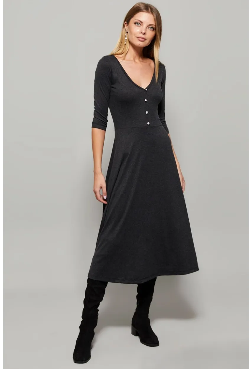 Kadın Antrasit Düğme Aksesuarlı V Yaka Elbise EY1123