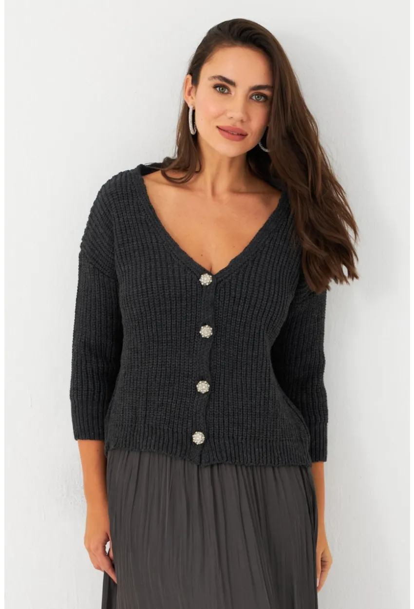 Kadın Antrasit Düğme Detaylı Hırka KAZ30