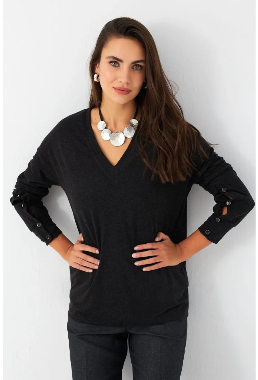 Kadın Antrasit Düğme Detaylı V Yaka Bluz MEY2982