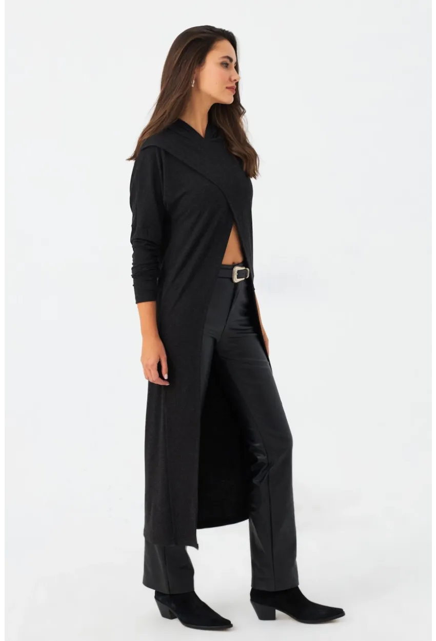 Kadın Antrasit Kapüşonlu Kruvaze Tunik Elbise TF39