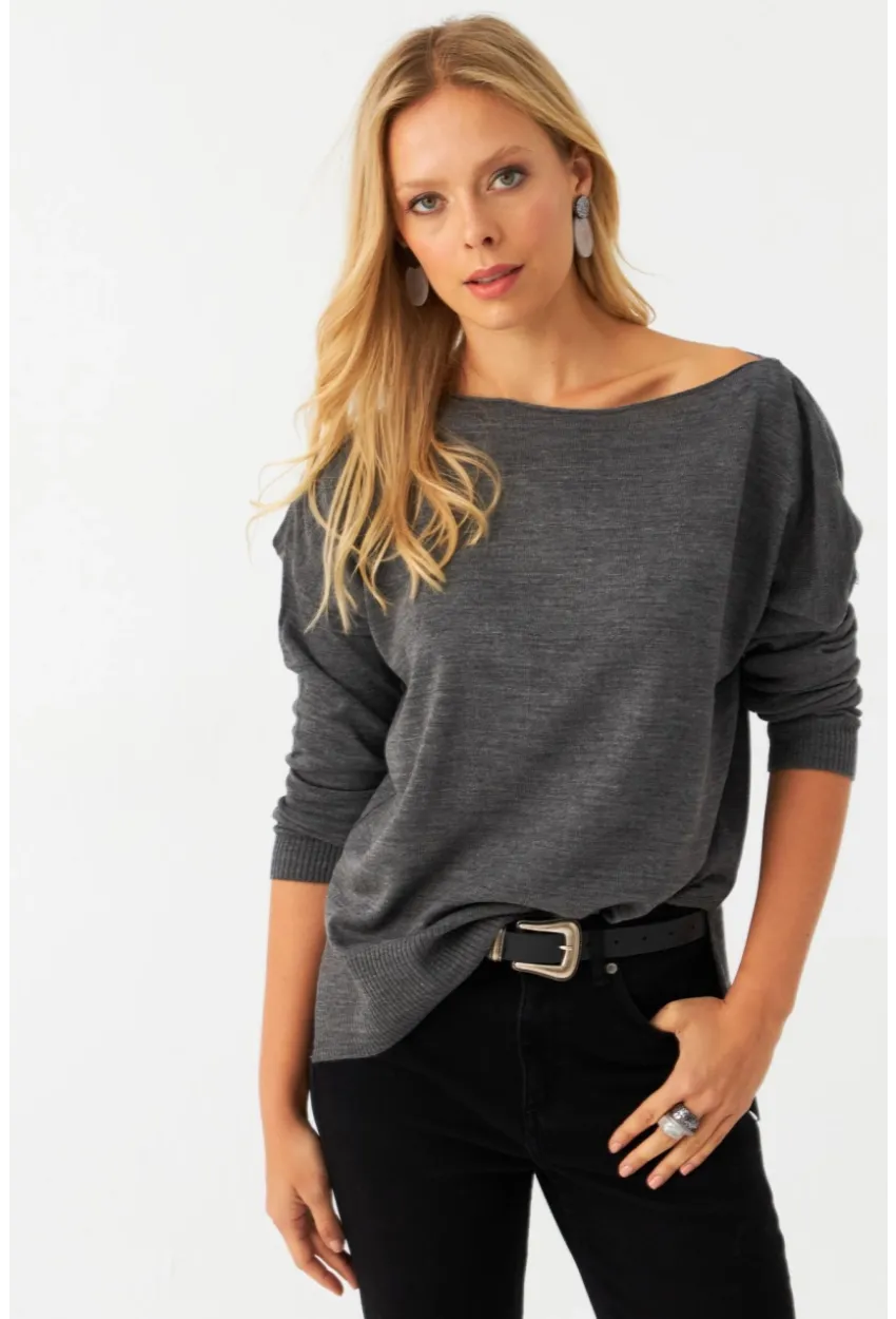 Kadın Antrasit Kayık Yaka Triko Bluz YİL561