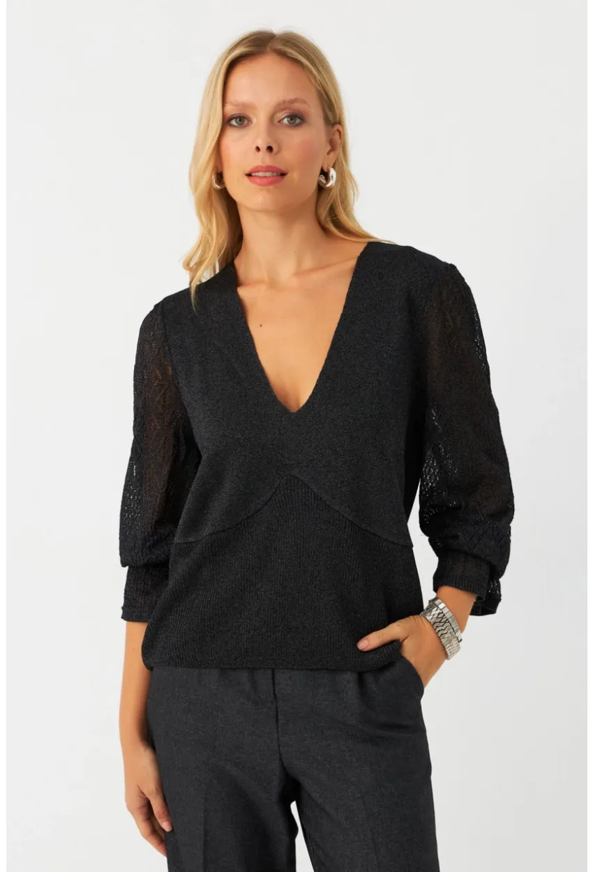 Kadın Antrasit Kol Detaylı Metalik Bluz AYD391