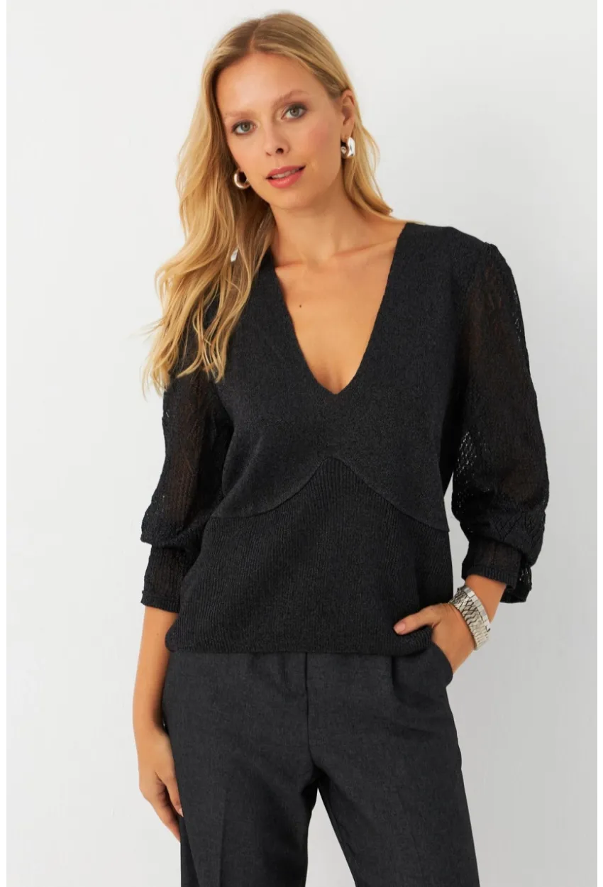 Kadın Antrasit Kol Detaylı Metalik Bluz AYD391