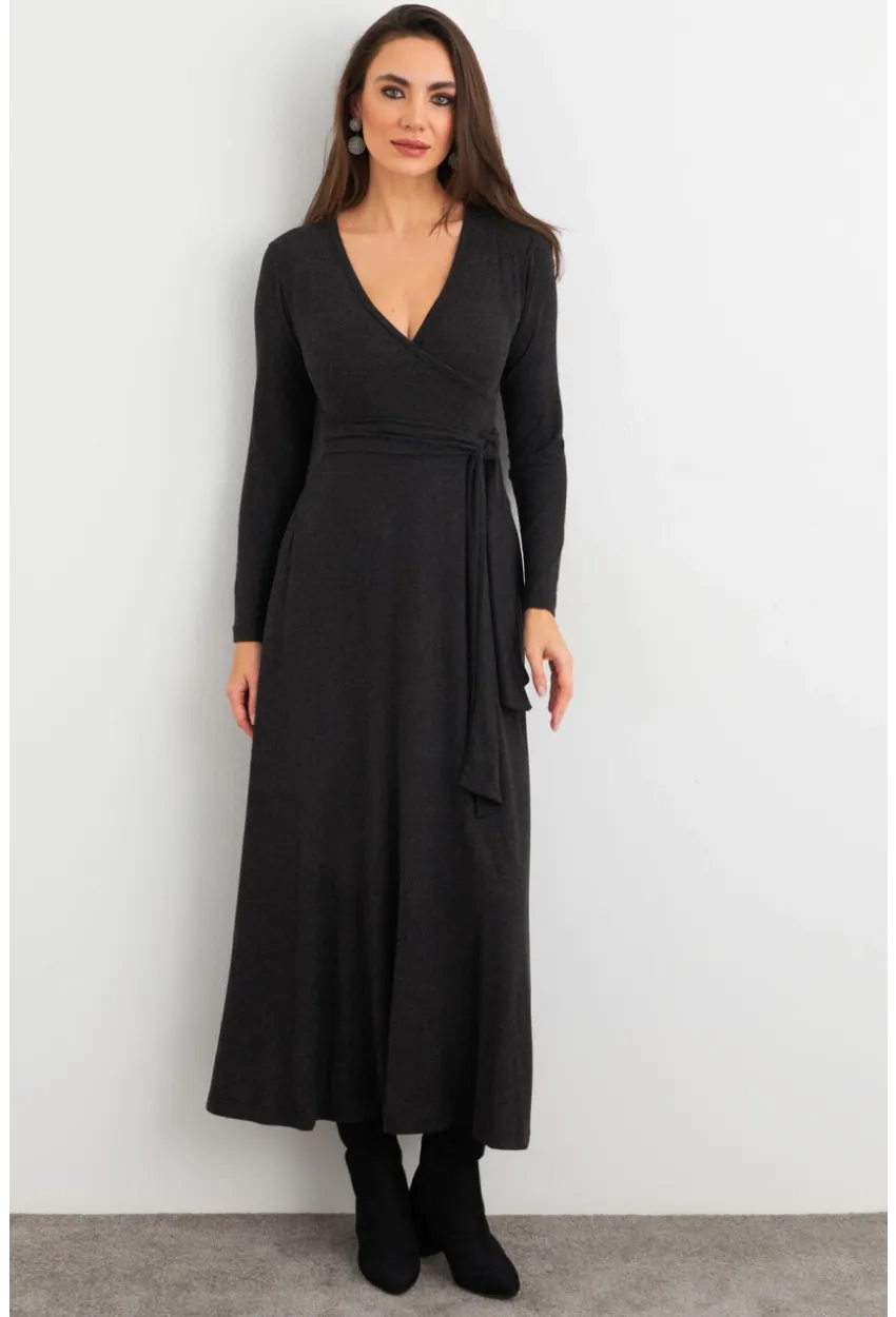 Kadın Antrasit Kruvaze Bağlamalı Midi Elbise EY3020