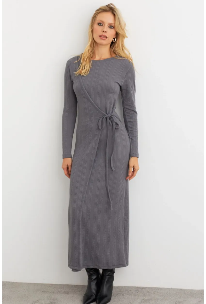Kadın Antrasit Kruvaze Maxi Elbise MTF31