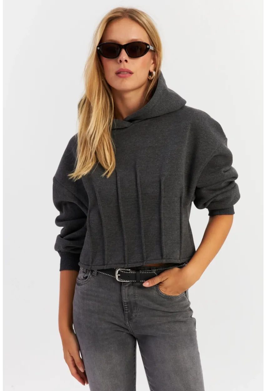 Kadın Antrasit Nervüllü Üç İplik Sweatshirt TF13