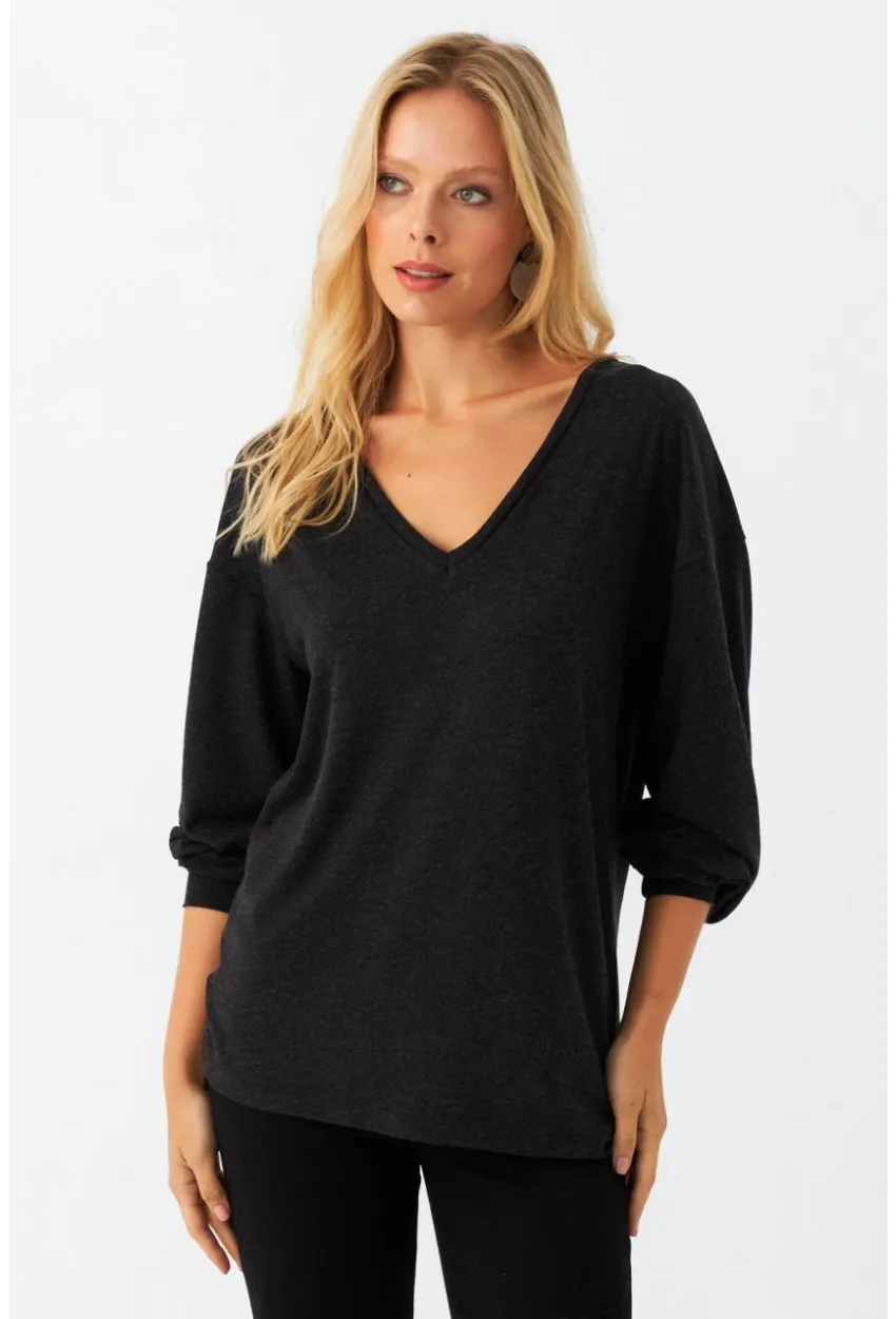 Kadın Antrasit Ön Arka V Salaş Bluz EY3003
