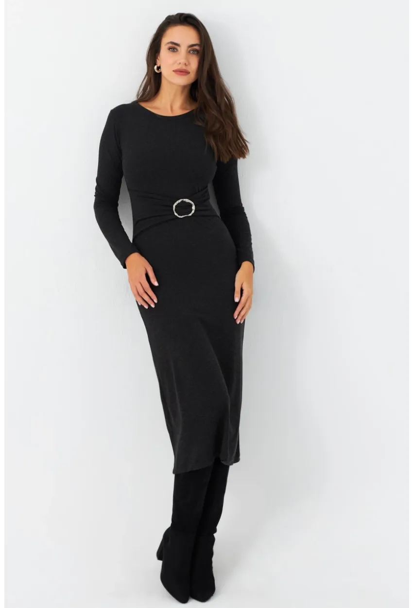 Kadın Antrasit Tokalı Midi Elbise EY2984