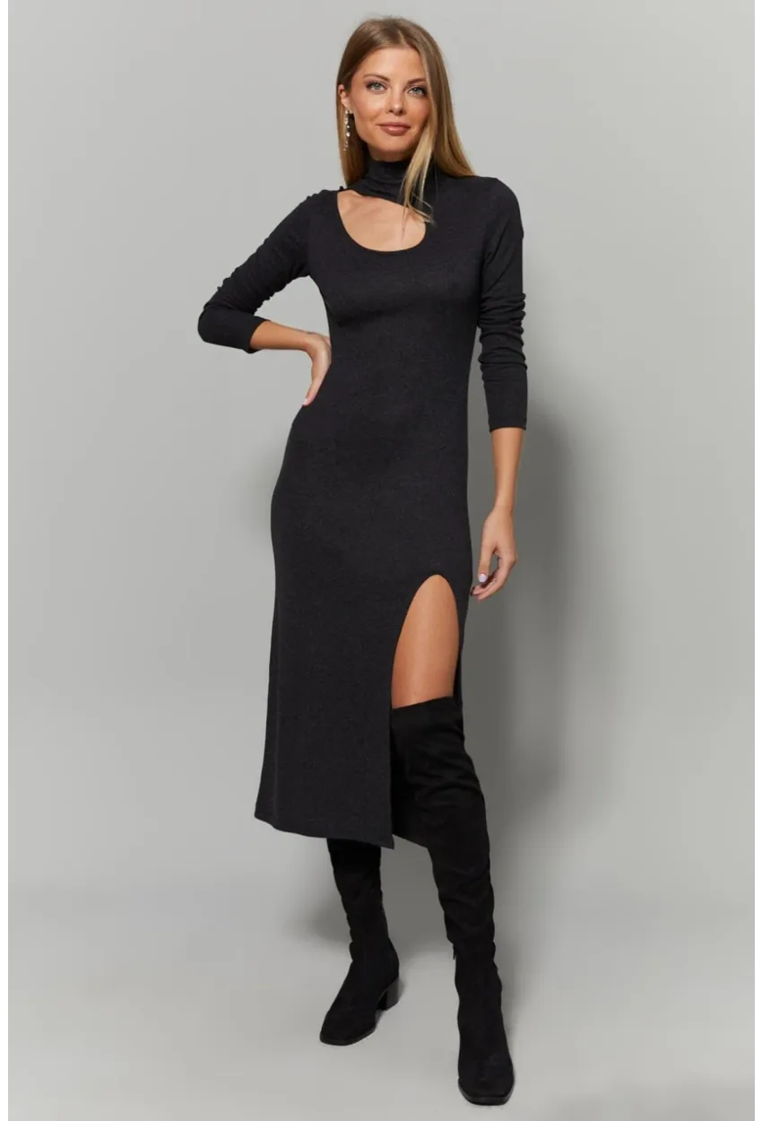 Kadın Antrasit Yaka Pencereli Yırtmaçlı Elbise Yİ1984