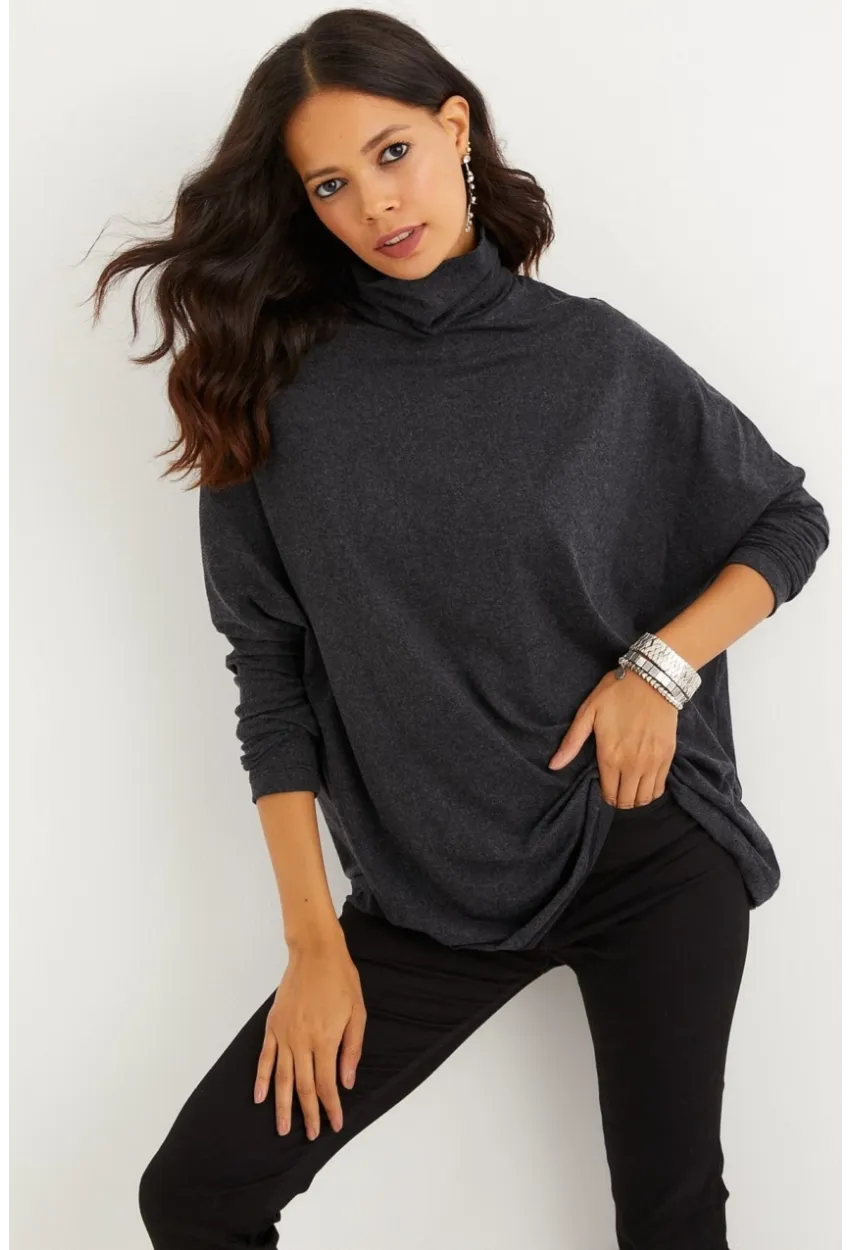 Kadın Antrasit Yarasa Kol Balıkçı Bluz EY1049