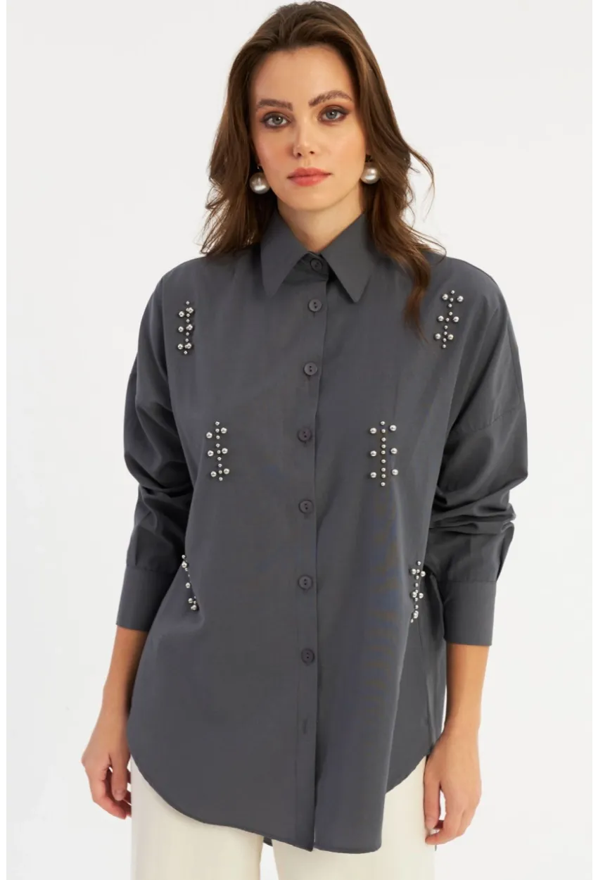 Kadın Antrasit Zımbalı Gömlek MASF1