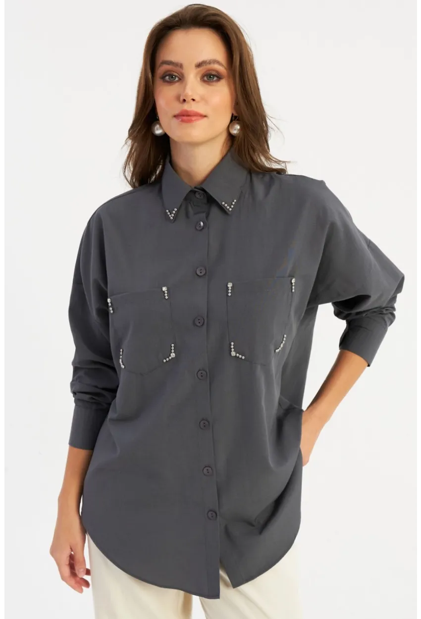 Kadın Antrasit Zımbalı Gömlek MASF2