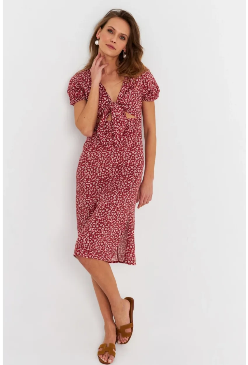 Kadın Badem Düğümlü Pencereli Midi Elbise Q1002