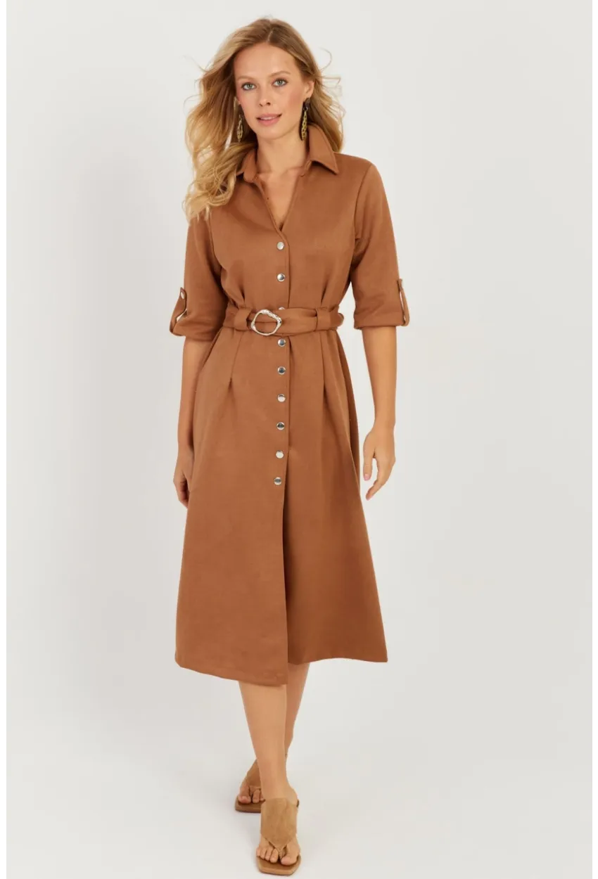 Kadın Badem Nubuk Midi Gömlek Elbise KED4023