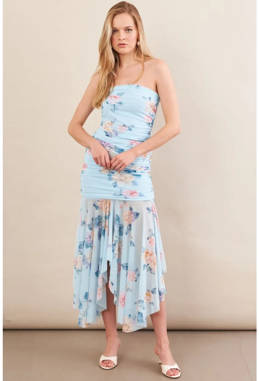 Kadın Bebe Mavi Drapeli Straplez Midi Tül Elbise ERL101